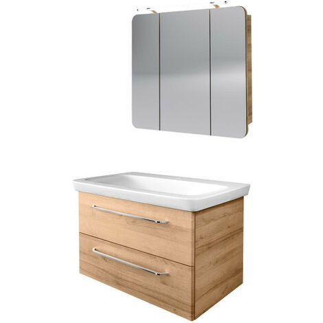 Fackelmann MILANO Badmöbel Set 3-teilig, 90 cm, Braun hell, Keramik-08402