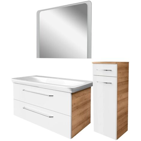 Fackelmann MILANO Badmöbel Set 4-teilig, 100 cm, Braun hell/Weiß, Keramik, Spiegel + Midischrank"-"90311145
