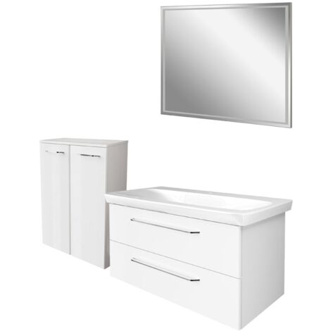 Fackelmann MILANO Badmöbel Set 4-teilig, 100 cm, Weiß, Keramik, LED-Spiegel + Doppel-Midischrank"-"90302145