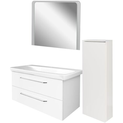Fackelmann MILANO Badmöbel Set 4-teilig, 100 cm, Weiß, Keramik, LED-Spiegel + Kofferschrank rechts"-"90305145