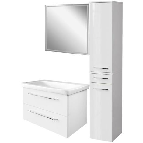 Fackelmann MILANO Badmöbel Set 4-teilig, 80 cm, Weiß, Keramik, LED-Spiegel + Hochschrank"-"90286145