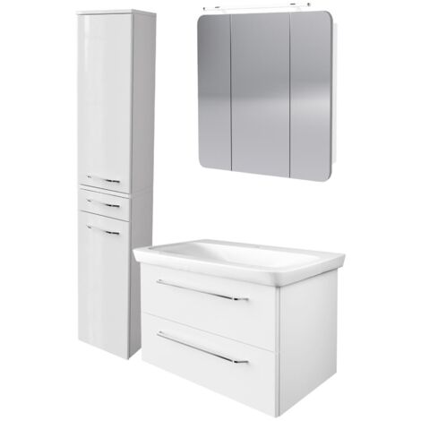 Fackelmann MILANO Badmöbel Set 4-teilig, 80 cm, Weiß, Keramik, LED-Spiegelschrank + Hochschrank"-"90291145
