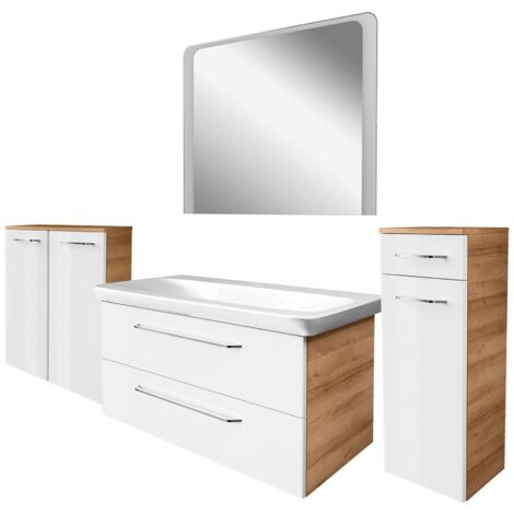 Fackelmann MILANO Badmöbel Set 5-teilig, 100 cm, Braun hell/Weiß, Keramik, LED-Spiegel+Midischränke"-"90313145