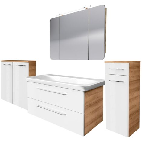 Fackelmann MILANO Badmöbel Set 5-teilig 100 cm, Braun hell/Weiß, Keramik,Spiegelschrank+Midischränke"-"90309145