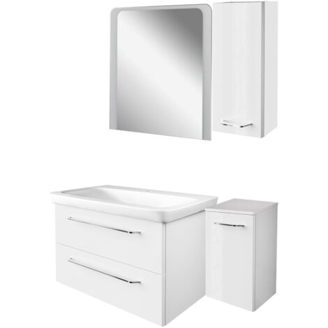 Fackelmann MILANO Badmöbel Set 5-teilig, 80 cm, Weiß, Keramik, LED-Spiegel, Seitenschränke"-"90288145