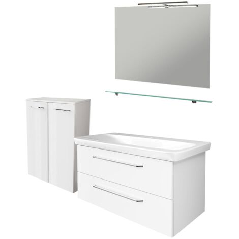 Fackelmann MILANO Badmöbel Set 6-teilig, 100 cm, Weiß, Keramik, Spiegel+Leuchte+Ablage+Schrank"-"90301145
