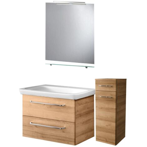 Fackelmann MILANO Badmöbel Set 6-teilig, 80 cm, Braun hell, Spiegel+Ablage+Leuchte+Midischrank"-"90283145