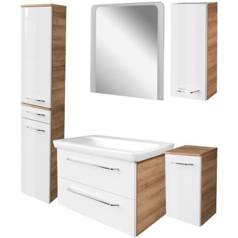 Fackelmann MILANO Badmöbel Set 6-teilig, 80 cm, Braun hell/Weiß, Keramik, Spiegel + 3 Badschränke"-"90295145