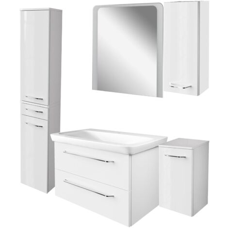 Fackelmann MILANO Badmöbel Set 6-teilig, 80 cm, Weiß, Keramik, LED-Spiegel + 3 Schränke"-"90289145