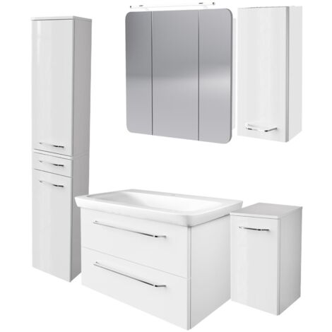 Fackelmann MILANO Badmöbel Set 6-teilig, 80 cm, Weiß, Keramik, Spiegelschrank + 3 Badschränke"-"90290145