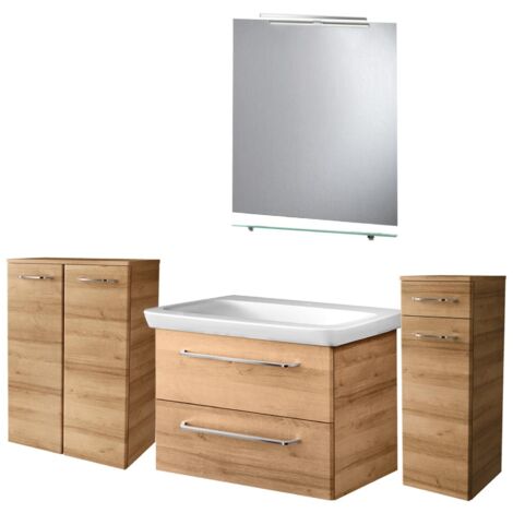 Fackelmann MILANO Badmöbel Set 7-teilig, 80 cm, Braun hell, Keramik, Spiegel+Leuchte+Ablage+ Schränke"-"90284145