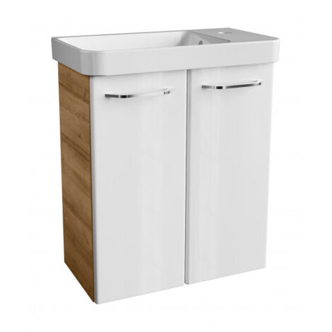 FACKELMANN MILANO Gäste WC Set 2 Teile / Waschbecken / Waschbeckenunterschrank mit 2 Türen / Badschrank mit Soft-Close / Badmöbel Set fürs kleine Bad / Korpus: Braun hell / Front: Weiß / Breite: 55 cm