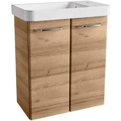 FACKELMANN MILANO Gäste WC Set 2 Teile / Waschbecken / Waschbeckenunterschrank mit 2 Türen / Badschrank mit Soft-Close / Badmöbel Set fürs kleine Bad / Korpus & Front: Braun hell / Breite: 55 cm"-"062