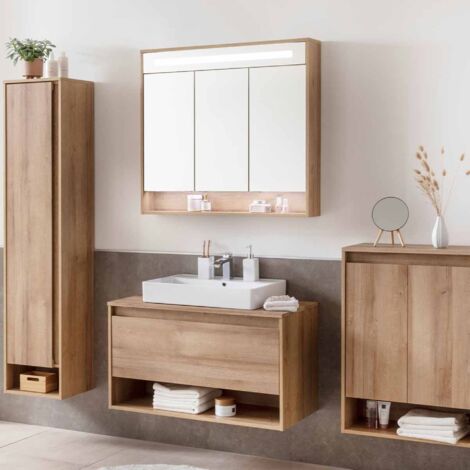 FACKELMANN NATURA Badmöbel Set 2 Teile / Waschbeckenunterschrank mit Schublade / LED Spiegelschrank mit Beleuchtung und 3D-Effekt / Soft-Close-System / Korpus & Front: Braun / Breite: 94 cm"-"79719
