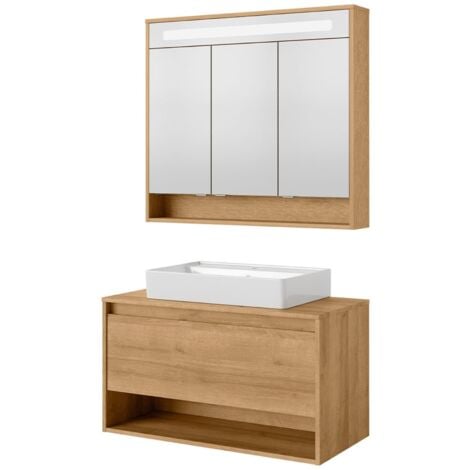 FACKELMANN NATURA Badmöbel Set 3 Teile / Keramik Waschbecken / Waschbeckenunterschrank mit Schublade / LED Spiegelschrank mit 3D-Effekt / Soft-Close-System / Korpus & Front: Braun / Breite: 94 cm"-"79