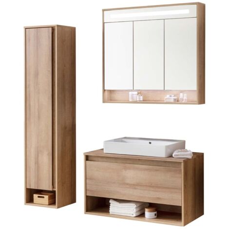 Fackelmann NATURA Badmöbel Set 4-teilig, 94 cm, Braun hell + Spiegelschrank + Hochschrank links"-"90342145