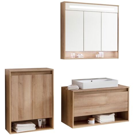Fackelmann NATURA Badmöbelset 4-teilig, 94 cm, Braun hell + Spiegelschrank + Doppel-Midischrank"-"90232145