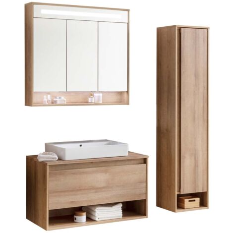 Fackelmann NATURA Badmöbelset 4-teilig, 94 cm, Braun hell + Spiegelschrank + Hochschrank"-"90231145
