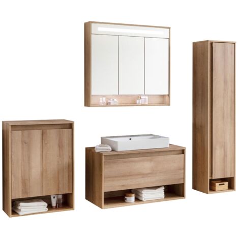 Fackelmann NATURA Badmöbelset 5-teilig, 94 cm, Braun hell + Spiegelschrank + Midischrank + Hochschrank"-"90233145
