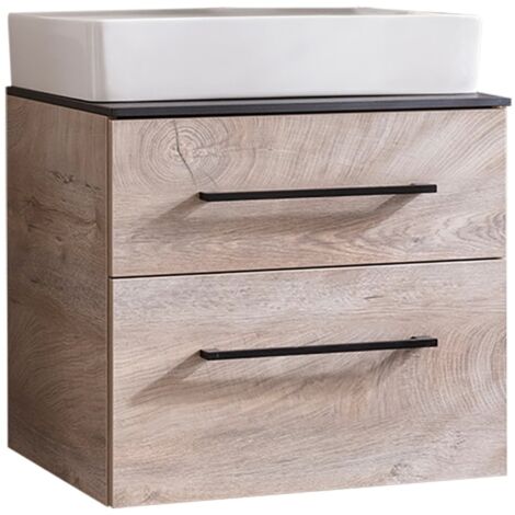 Fackelmann OXFORD Badmöbel Set 3 Teile / Keramik Waschbecken / Waschbeckenunterschrank mit 2 Schubladen und Soft-Close / Waschtischplatte Schwarz / Korpus & Front: Braun hell / Breite ca. 60 cm"-"9001