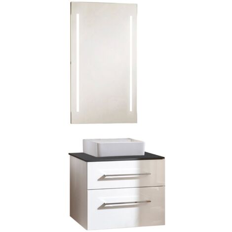 Fackelmann OXFORD Badmöbel Set 4 Teile / Keramik Waschbecken / Waschtischunterschrank mit 2 Schubladen / Waschtischplatte / LED-Spiegel / Korpus & Front: Weiß / Platte: Schwarz / Breite ca. 60 cm"-"90