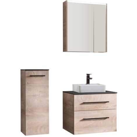 Fackelmann OXFORD Badmöbel Set 5 Teile / Keramik Waschbecken / Waschtischunterschrank / Waschtischplatte Schwarz / Midischrank / LED-Spiegelschrank / Korpus & Front: Braun hell / Breite ca. 60 cm"-"90