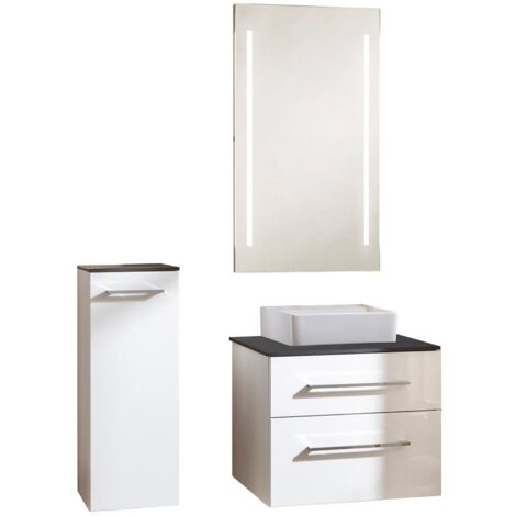 Fackelmann OXFORD Badmöbel Set 5 Teile / Waschbecken / Waschtischunterschrank mit 2 Schubladen / Waschtischplatte schwarz / Midischrank / LED-Spiegel / Korpus & Front: Weiß / Breite ca. 60 cm"-"900001
