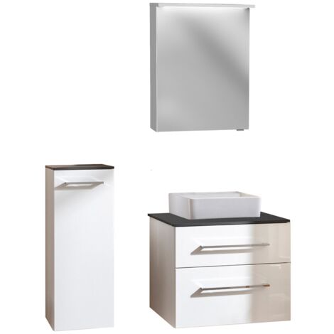 Fackelmann OXFORD Badmöbel Set 5 Teile / Waschbecken / Waschtischunterschrank mit 2 Schubladen / Waschtischplatte schwarz / Midischrank / LED-Spiegelschrank / Korpus & Front: Weiß / Breite ca. 60 cm"-