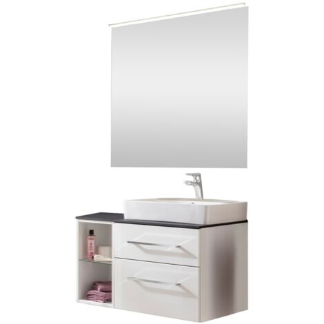 Fackelmann OXFORD Badmöbel Set 7 Teile / Waschbecken / Waschtischunterschrank / Regal / Waschtischplatte schwarz / Armatur / Spiegel mit LED-Aufsatzleuchte / Korpus & Front: Weiß / Breite ca. 90 cm"-"