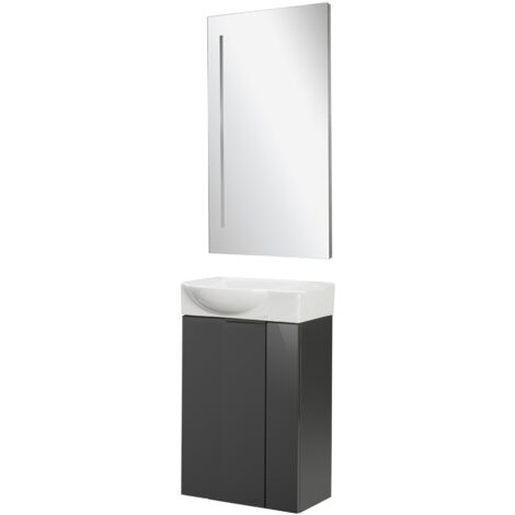 Fackelmann SBC LUNA Gäste WC Set 3-teilig 45 cm, Anthrazit, Keramik rechts + LED Spiegel"-"90275145