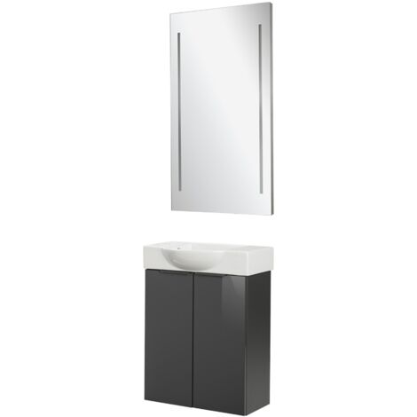 Fackelmann SBC LUNA Gäste WC Set 3-teilig 55 cm, Anthrazit, Keramik Hahnloch links + LED Spiegel"-"90271145