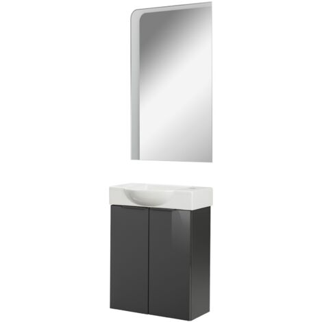 Fackelmann SBC LUNA Gäste WC Set 3-teilig 55 cm, Anthrazit, Keramik Hahnloch rechts + LED Spiegel"-"90267145