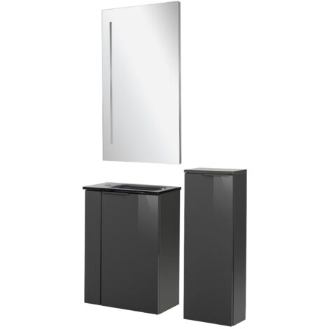 Fackelmann SBC LUNA Gäste WC Set 4-teilig 45 cm, Anthrazit, Glas Anthrazit, LED-Spiegel+Midischrank slim"-"90282145