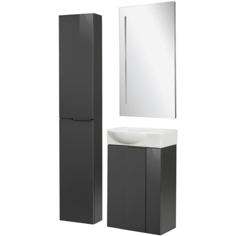 Fackelmann SBC LUNA Gäste WC Set 4-teilig 45 cm, Anthrazit, Keramik rechts, Spiegel+Hochschrank slim"-"90277145