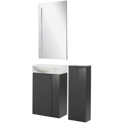 Fackelmann SBC LUNA Gäste WC Set 4-teilig 45 cm, Anthrazit, Keramik rechts, Spiegel+Midischrank slim"-"90276145