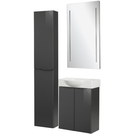 Fackelmann SBC LUNA Gäste WC Set 4-teilig 55 cm, Anthrazit, Keramik links+Spiegel+Hochschrank slim"-"90273145