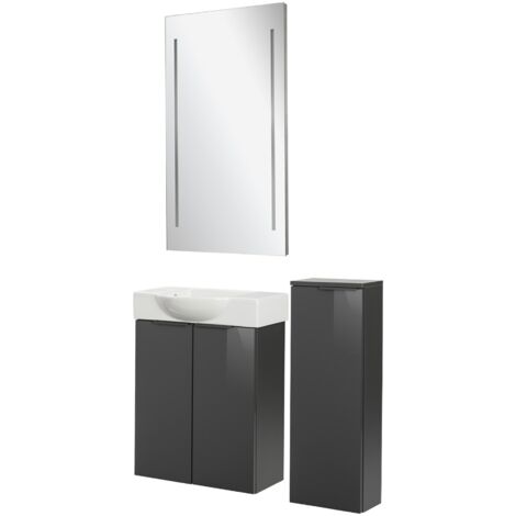 Fackelmann SBC LUNA Gäste WC Set 4-teilig 55 cm, Anthrazit, Keramik links+Spiegel+Midischrank slim"-"90272145