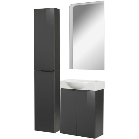 Fackelmann SBC LUNA Gäste WC Set 4-teilig 55 cm, Anthrazit, Keramik rechts+Spiegel+Hochschrank slim"-"90269145