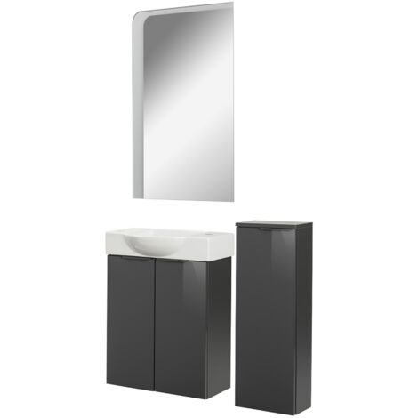 Fackelmann SBC LUNA Gäste WC Set 4-teilig 55 cm, Anthrazit, Keramik rechts+Spiegel+Midischrank slim"-"90268145