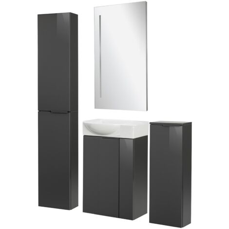 Fackelmann SBC LUNA Gäste WC Set 5-teilig 45 cm, Anthrazit, Keramik rechts+Spiegel+2 Schränke slim"-"90278145