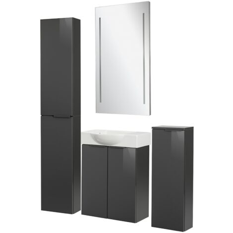Fackelmann SBC LUNA Gäste WC Set 5-teilig 55 cm, Anthrazit, Keramik links+Spiegel+ 2 Schränke slim"-"90274145
