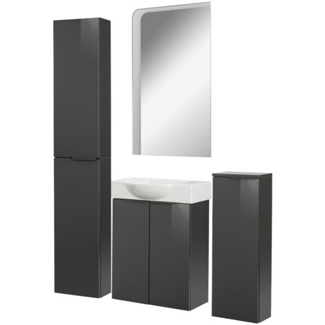 Fackelmann SBC LUNA Gäste WC Set 5-teilig 55 cm, Anthrazit, Keramik rechts+Spiegel+2 Schränke slim"-"90270145