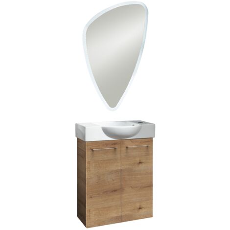Fackelmann SBC MILANO Gäste WC Set 3-teilig 55 cm, Braun hell, 2 Türen, Keramik Hahnloch rechts + LED-Spiegel"-"90060145