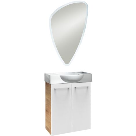 Fackelmann SBC MILANO Gäste WC Set 3-teilig 55 cm, Braun hell/Weiß, 2 Türen, Keramik Hahnloch rechts, LED-Spiegel"-"90061145