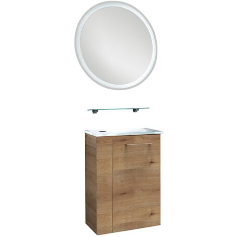 Fackelmann SBC MILANO Gäste WC Set 4-teilig 45 cm, Braun hell, rechts, Glas Weiß, LED-Spiegel + Glasablage"-"90057145
