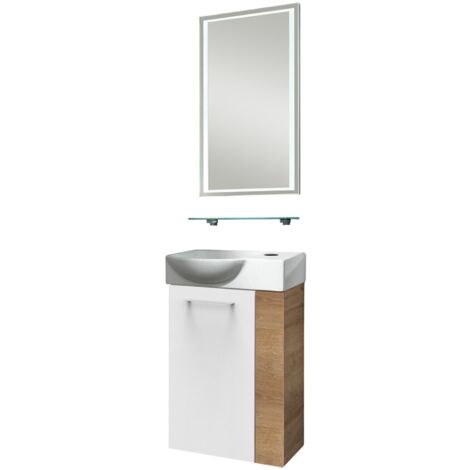 Fackelmann SBC MILANO Gäste WC Set 4-teilig 45 cm, Braun hell/Weiß, links, Keramik Hahnloch rechts, LED-Spiegel + Glasablage"-"90058145