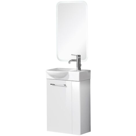 Fackelmann SBC SCENO Gäste WC Set 4-teilig 45 cm, Weiß, links, Keramik Hahnloch rechts, LED-Spiegel + Armatur"-"90055145
