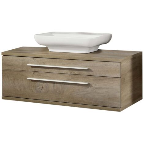 FACKELMANN STANFORD Badmöbel Set 2 Teile / Keramik Waschbecken / Waschbeckenunterschrank mit 2 Schubladen / Soft-Close-System / hochwertiger Badschrank / Korpus & Front: Braun hell / Breite: 110 cm"-"