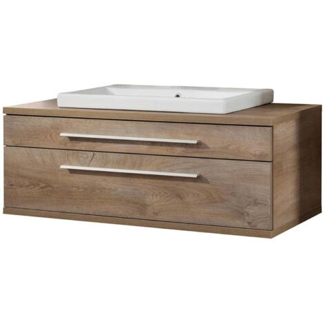 FACKELMANN STANFORD Badmöbel Set 2 Teile / Keramik Waschbecken / Waschbeckenunterschrank mit 2 Schubladen / Soft-Close-System / hochwertiger Badschrank / Korpus & Front: Braun hell / Breite: 110 cm"-"