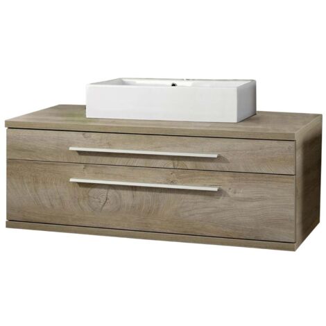 FACKELMANN STANFORD Badmöbel Set 2 Teile / Keramik Waschbecken / Waschbeckenunterschrank mit 2 Schubladen / Soft-Close-System / hochwertiger Badschrank / Korpus & Front: Braun hell / Breite: 110 cm"-"